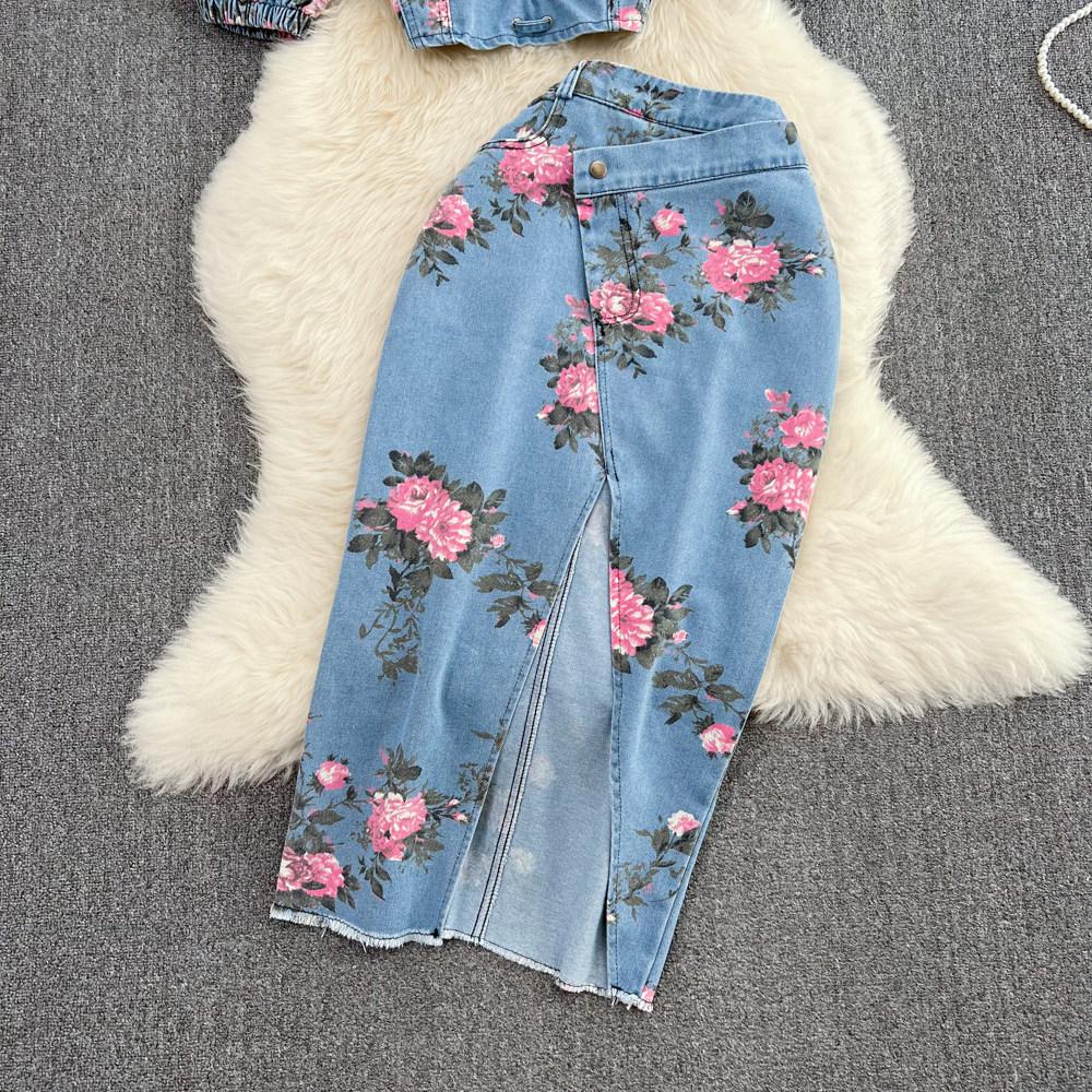 Denim Suspender Top Two-Piece Set High-Waist Asymmetrical Slit Skirt