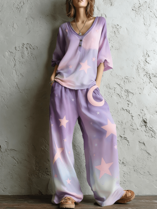 Bohemian-style Loose Top With Star And Moon Print - Wide-leg Pants Two-piece Set