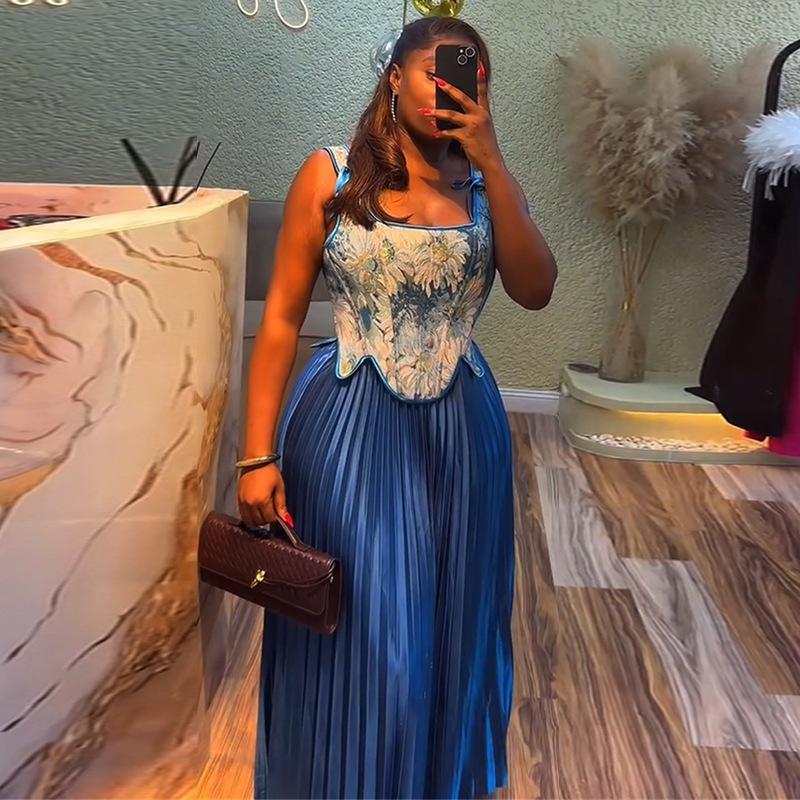 Women's Printed Waist-controlled Vest High Waist Pleated Skirt Two-piece Set