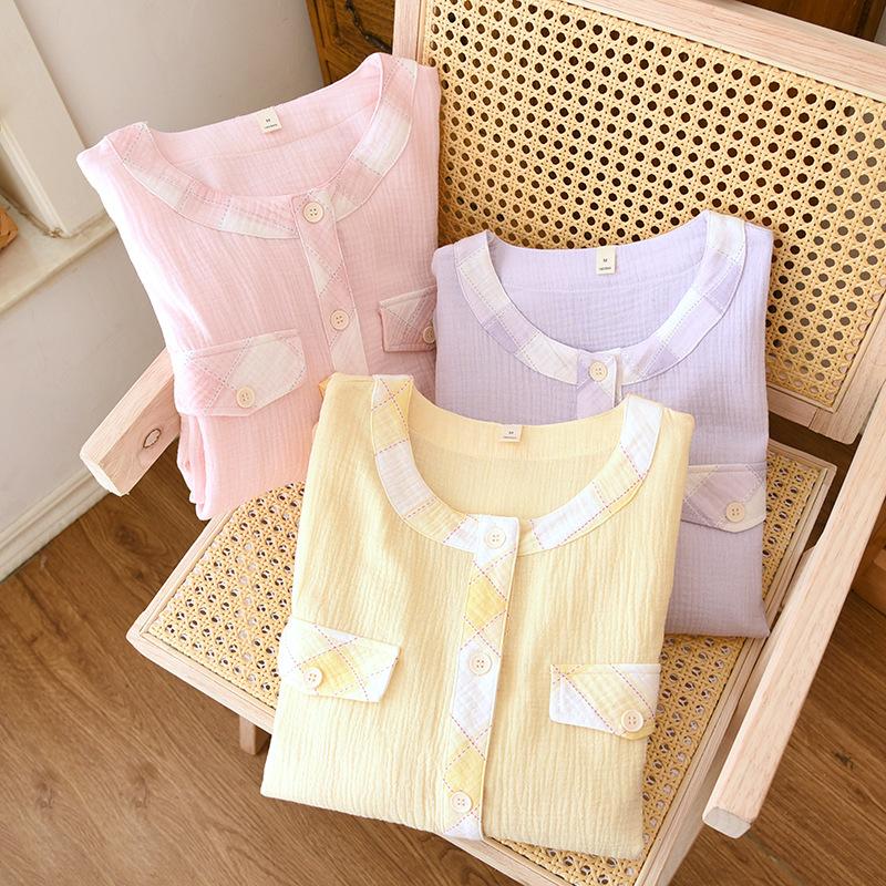Spring Summer Cotton Gauze Thin Loose Long Sleeve Cardigan Homewear Suit