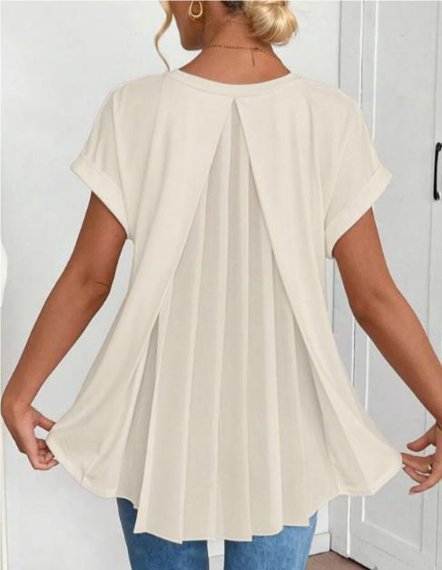 Womens Back Pleated V-Neck Short-Sleeve Top