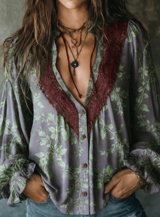Retro-style Hollowed-out Lace Deep V Lantern Sleeve Women's Loose Top