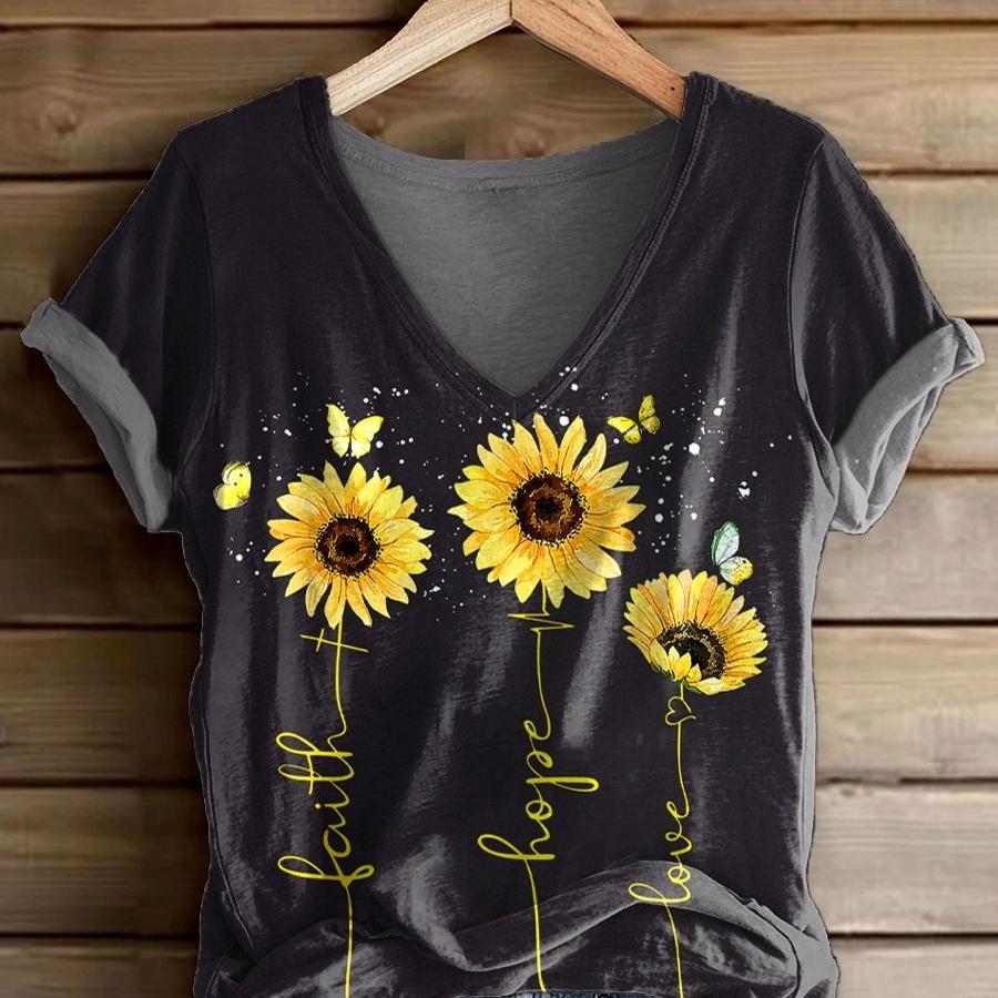 3D Digital Print T-Shirt Women's V-Neck Short Sleeve