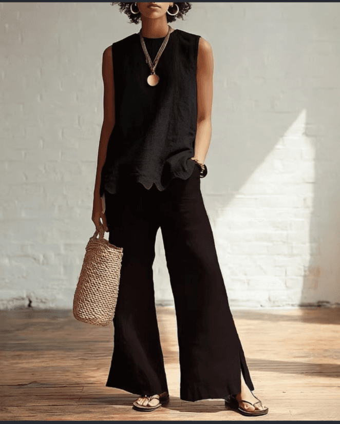 Linen-Style Round Neck Scallop Hem Sleeveless Top