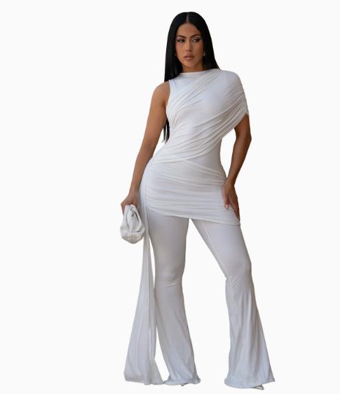 Sexy Crew-Neck Pleated Ribbon Jumpsuit