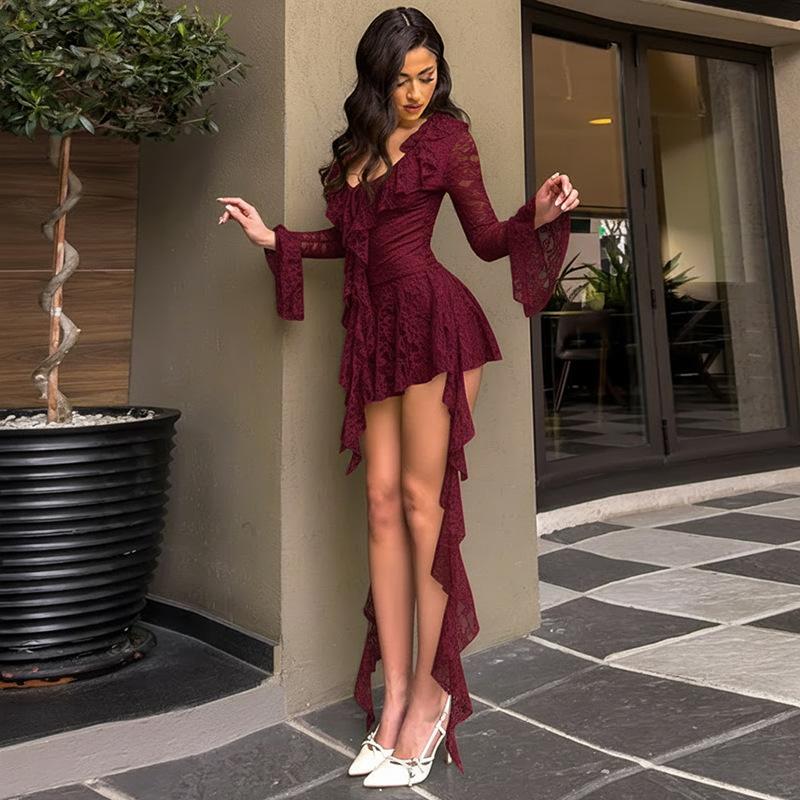Lace-up Deep V Micro-cut Sleeve Tight-fitting Cinched Lace Dress
