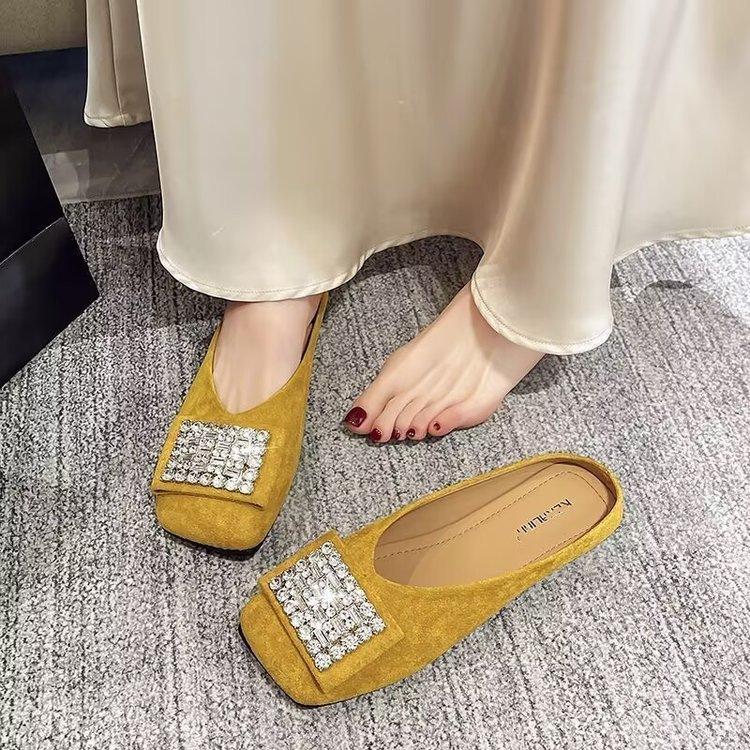 Womens Summer Outdoor Versatile Non-slip Rhinestone Square-toe Flat Shoes