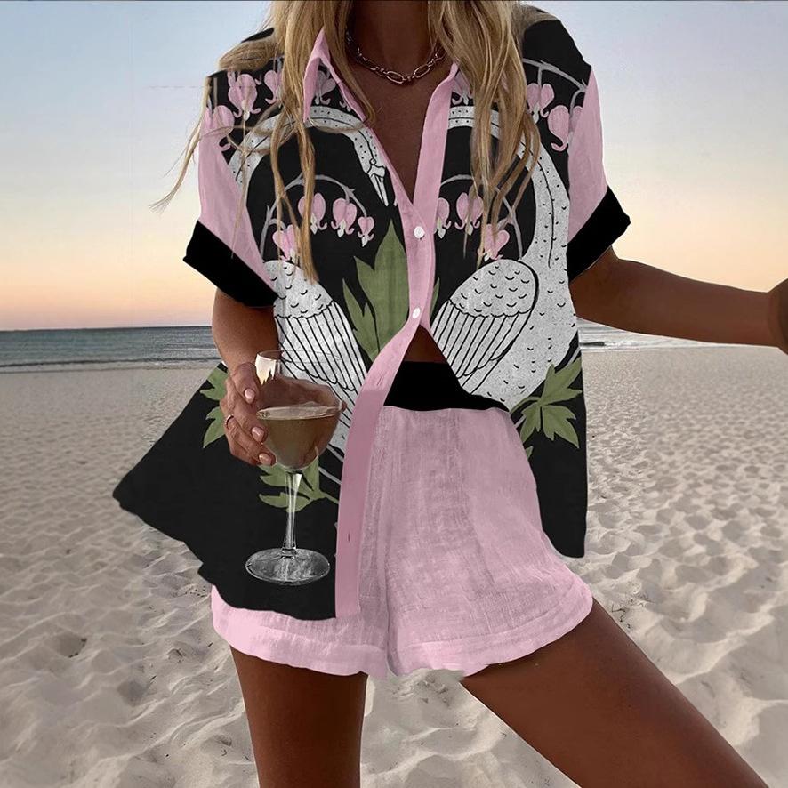 Women's Fashion Printed Casual Vacation Style Cardigan Shorts Suit