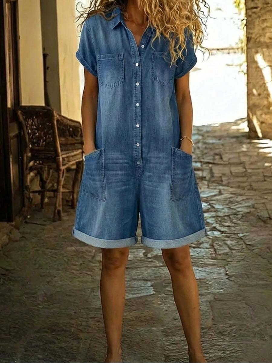 Womens Spring Short-Sleeve Multi-Pocket Shirt Washed Denim Jumpsuit