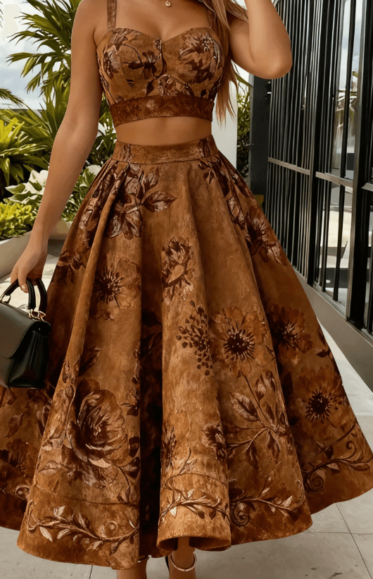 Retro Red Rose Print Strapless Two-piece Set, High-waisted Flared Skirt, Women's Suspender Short Top Set
