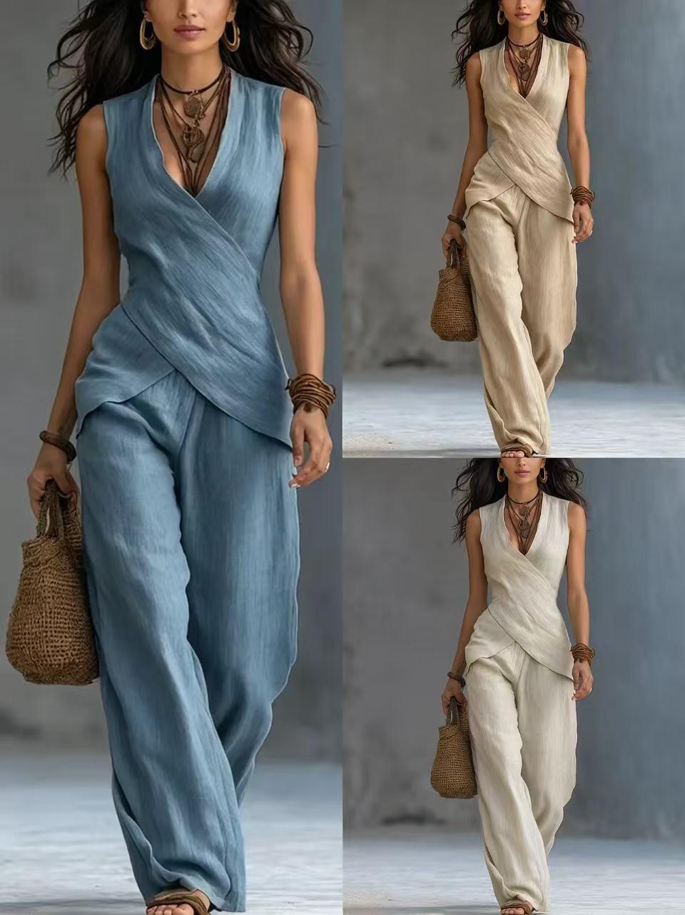 Cross-design Top Casual Shirt Wide-leg Pants Set For Women