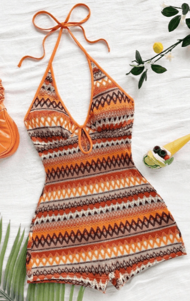 Bohemian Geometric Print Halter Cutout Romper