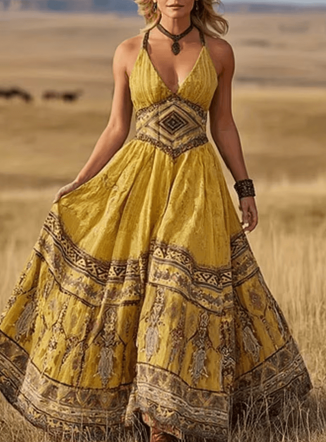 Deep V-neck Fitted Waist Full Skirt Sleeveless Long Vacation Dress For Women