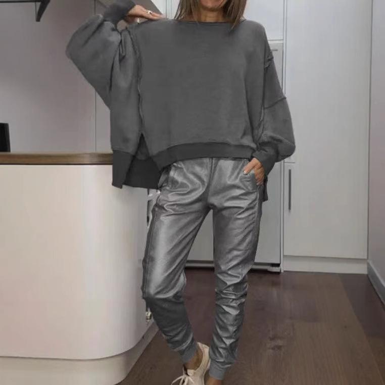 Side Slit Round Neck Casual Top Plus Small Angle Blouse And Pants Female