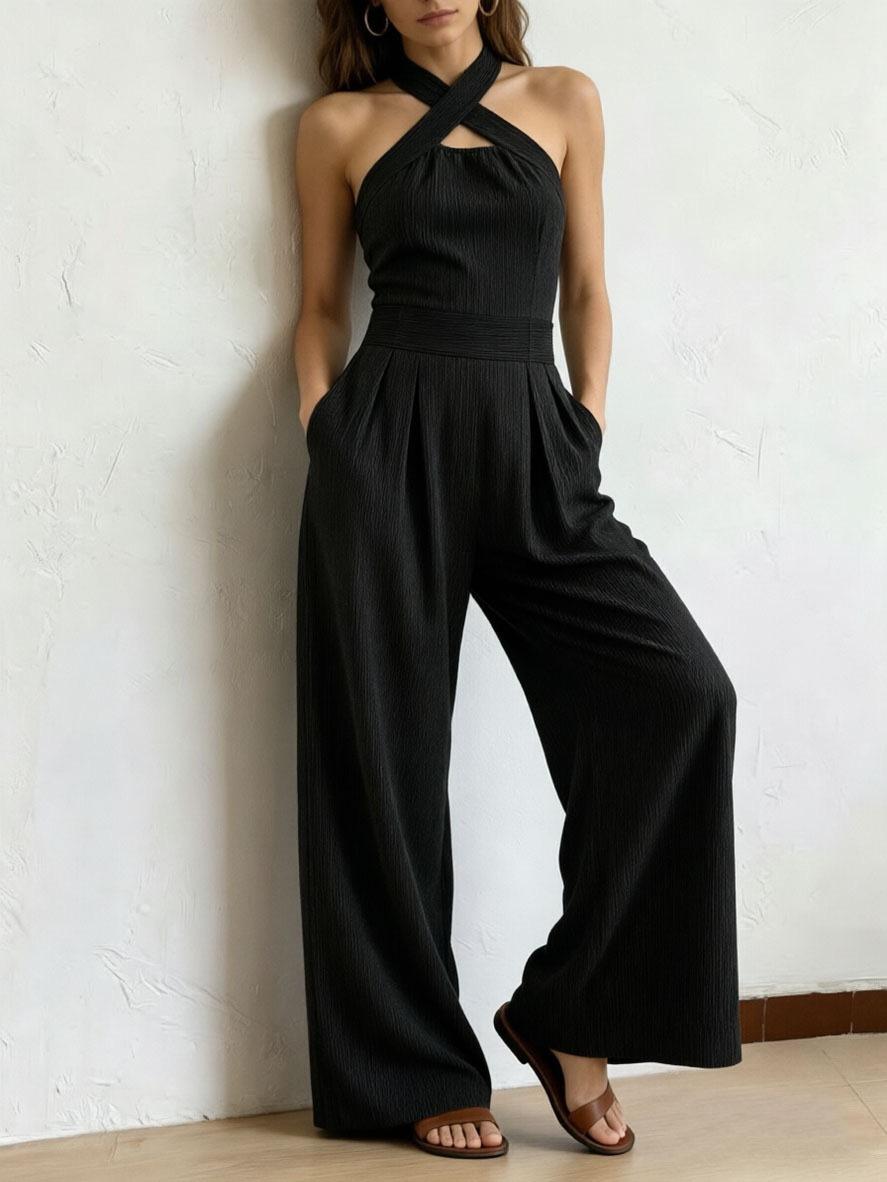Off-shoulder Sleeveless Crossover Halter Jumpsuit