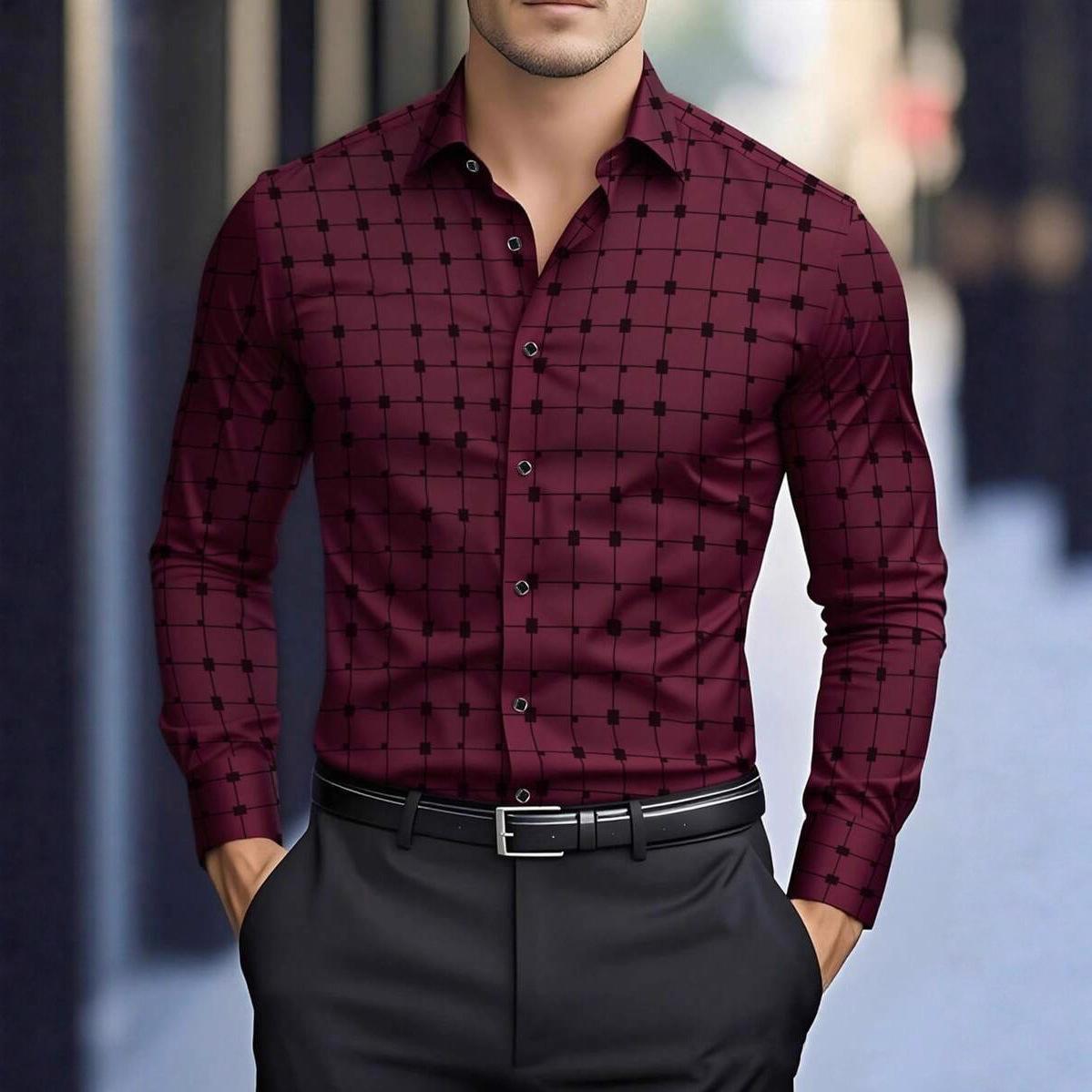 Printed Plaid Long-Sleeve Shirt Mens Top
