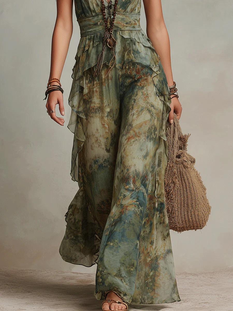Womens Floral Halterneck V-Neck Sleeveless Dress