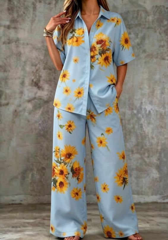 Summer Womens Shirt Set With A Digital-print Collar