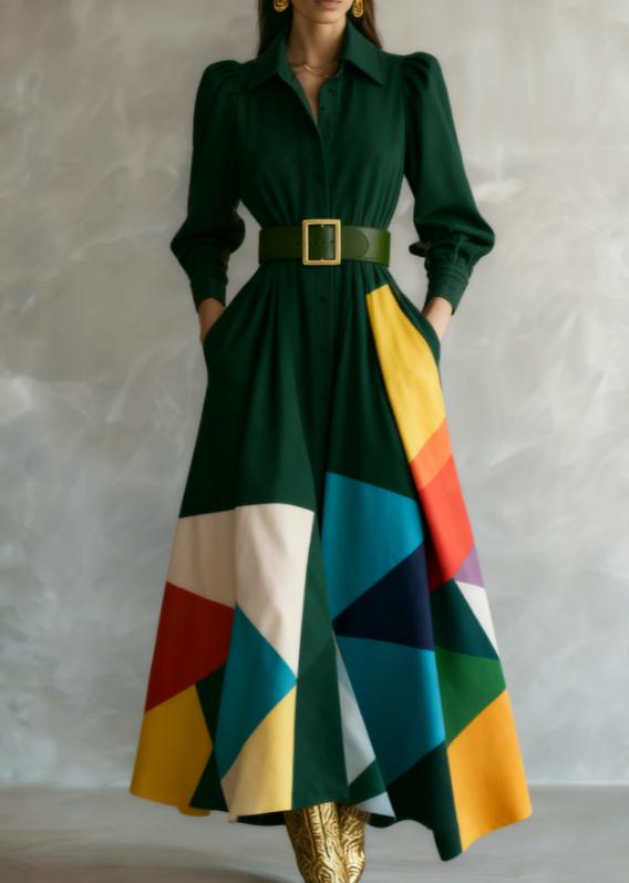 Waist-cinching Shirt Collar Casual Long Dress