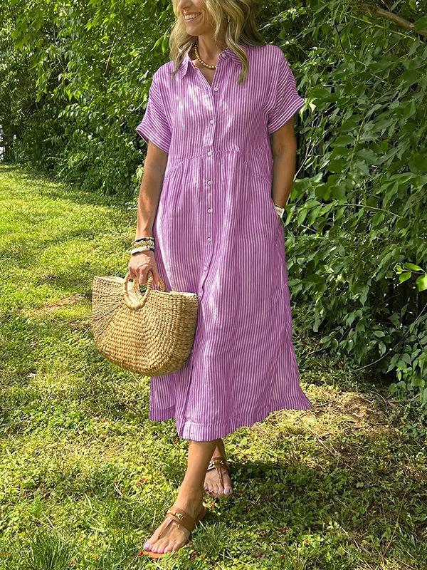 Loose Striped Short Sleeve Casual Cotton And Linen Dress