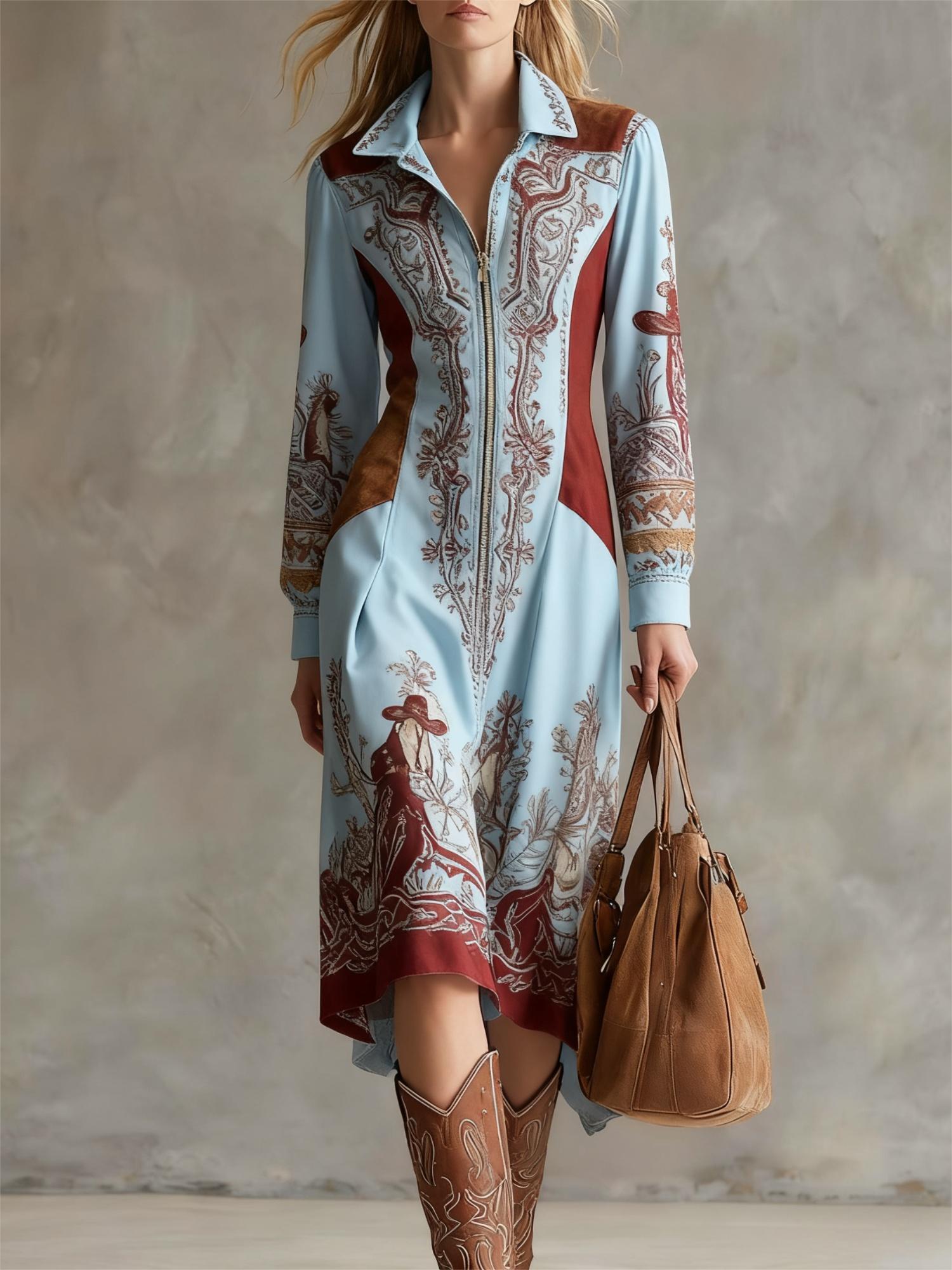 Western Retro Print Lapel Zipper Fitted Midi Long Sleeve Dress