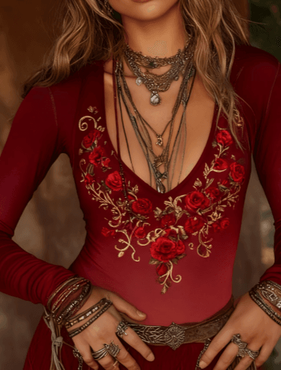 Color-blocked Floral Print Deep V-neck Slim-fit Long-sleeved Top For Women, Bohemian Style Base Layer.