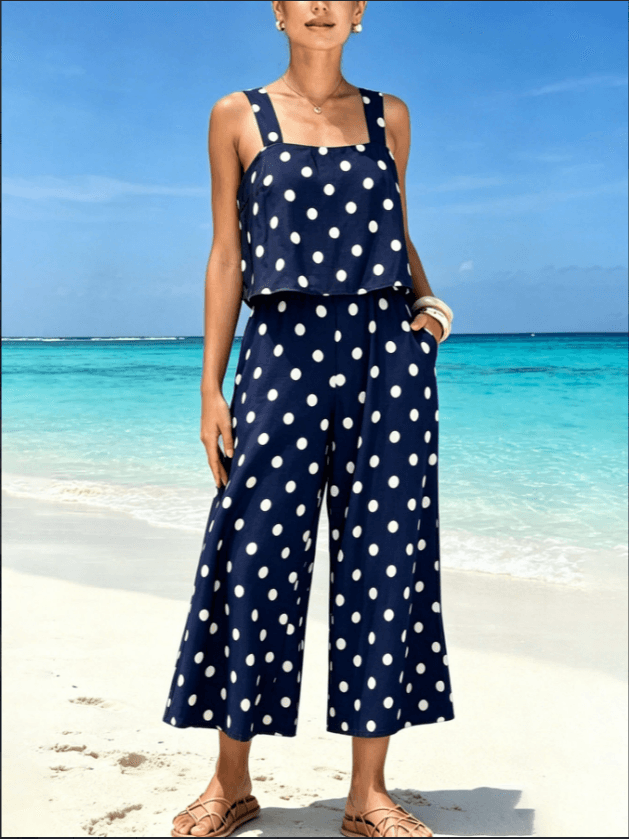 Navy White Polka Dot Square Neck Sleeveless Cropped Top Wide Leg Capri Pants 2 Piece Vacation Outfit Set