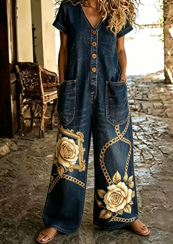 Buttoned Pockets Comfortable Short Sleeves Casual One-piece Wide-leg Jumpsuit