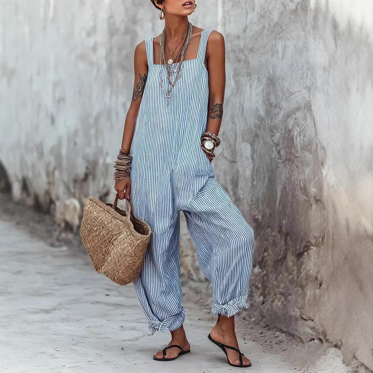 Striped Printed Loose Casual Jumpsuit For Women