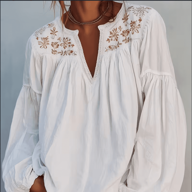 Bohemian Style V-neck Puff Sleeve Top For Women