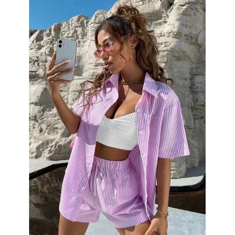 Casual Temperament Women's Striped Two-piece Short Sleeve Shirt Outfit