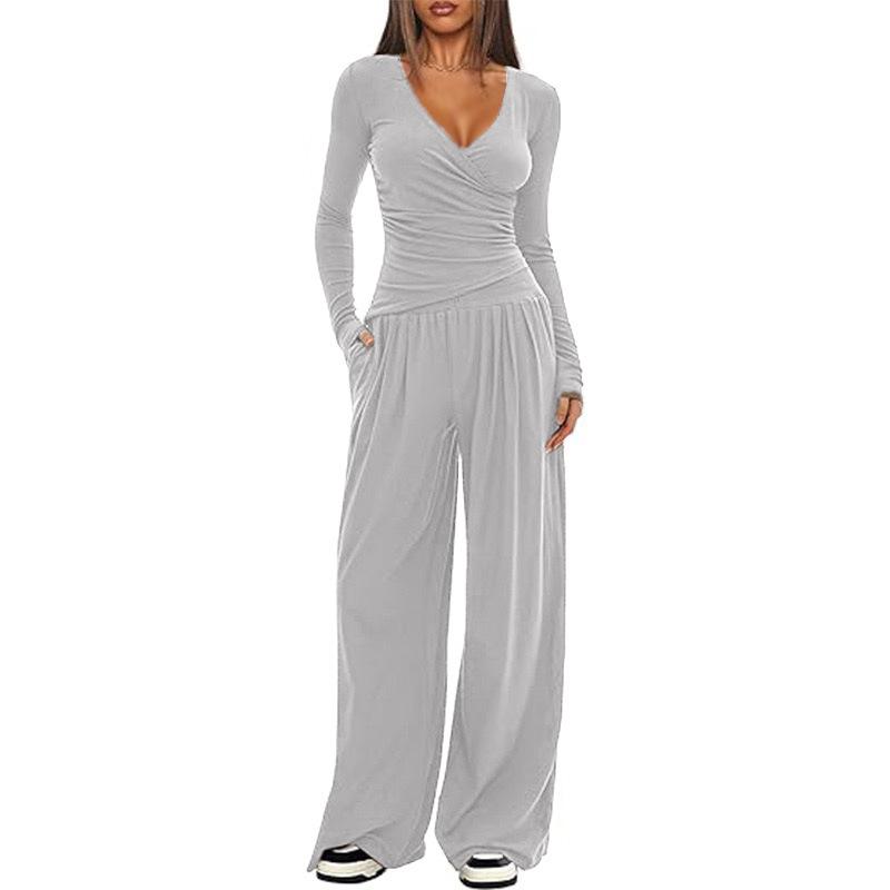 2 Pieces Women's V Neck Long-sleeve Sportswear Top And Wide-leg Pants Set Casual Comfortable Outfit Set For Daily Wear Gym Sports Outfit