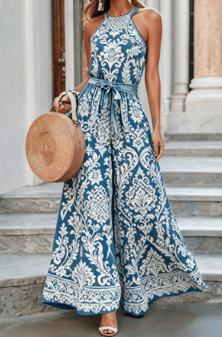 Vintage Summer Slim-fit Belted Wide-leg Jumpsuit