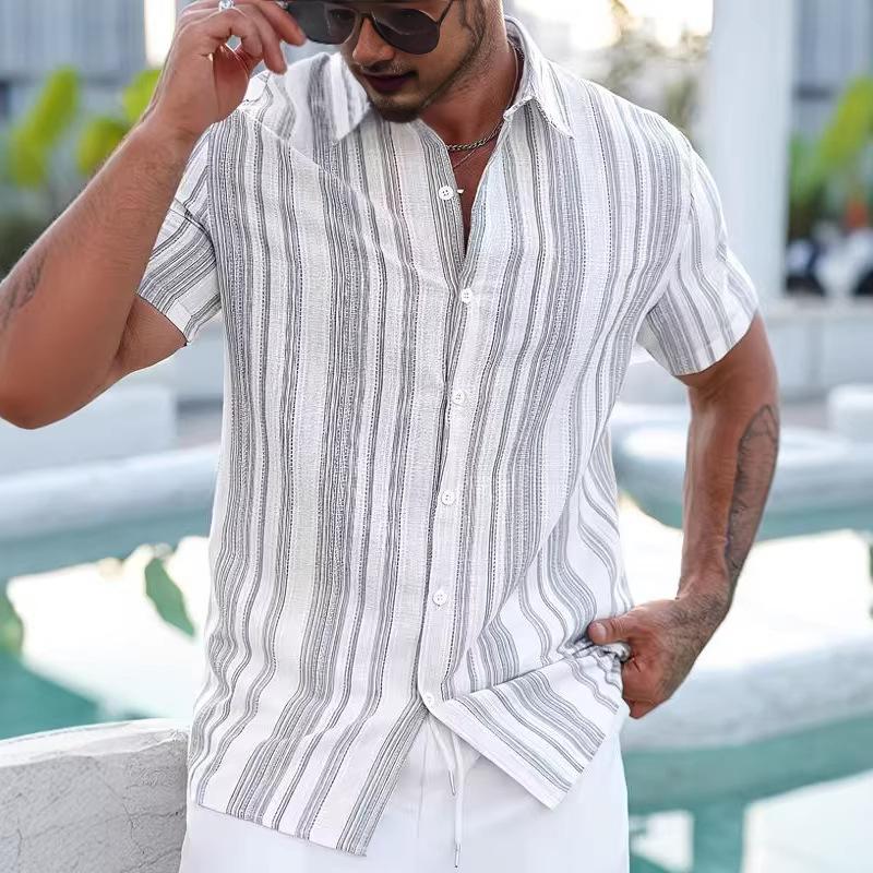 3D-printed Hawaiian Short-sleeve Striped Lapel Shirt