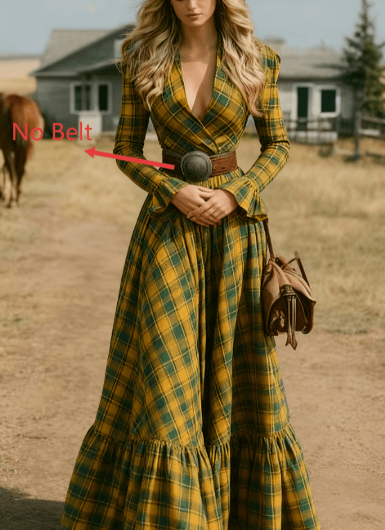 Retro V-neck Fitted Waist Flared Sleeve Long Dress