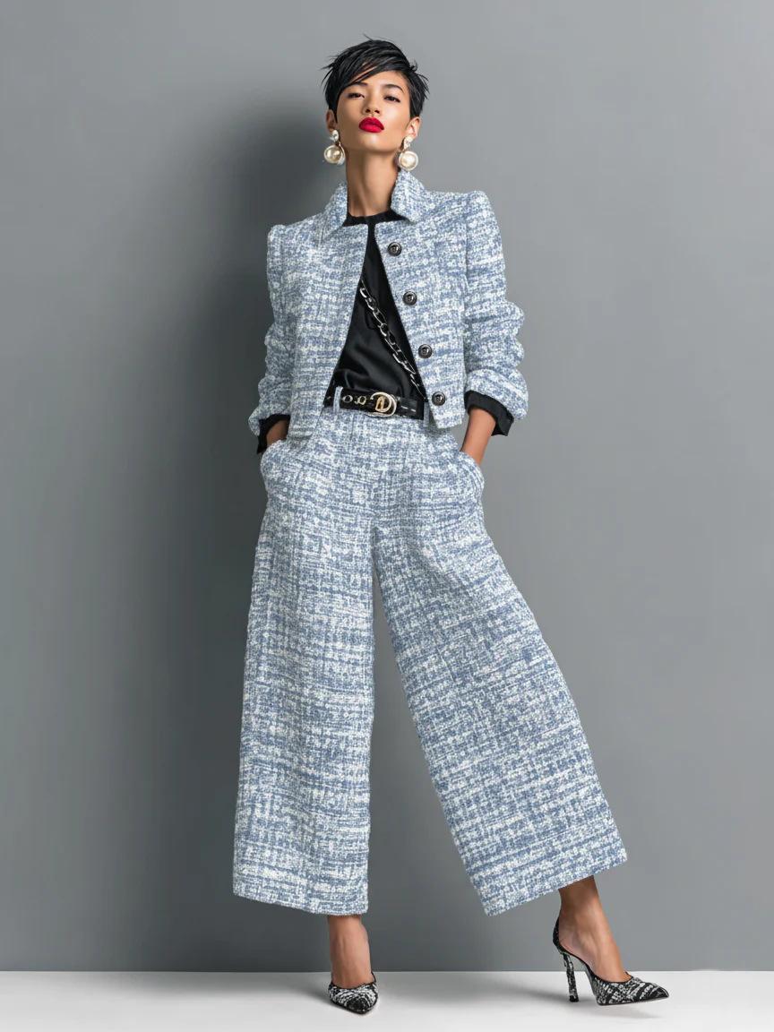 2025 Cross-Border European And American New Style Lapel Slim Women's European And American Style Long-Sleeved Short Jacket With Wide-Leg Pants Suit