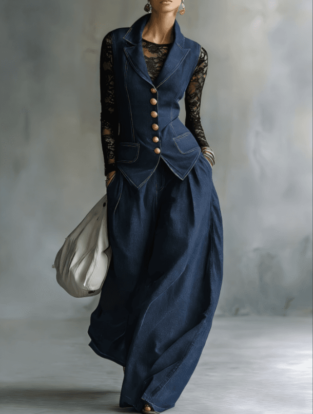 Waist Up Suit Collar Vest Wide Leg Pants Two-piece Set
