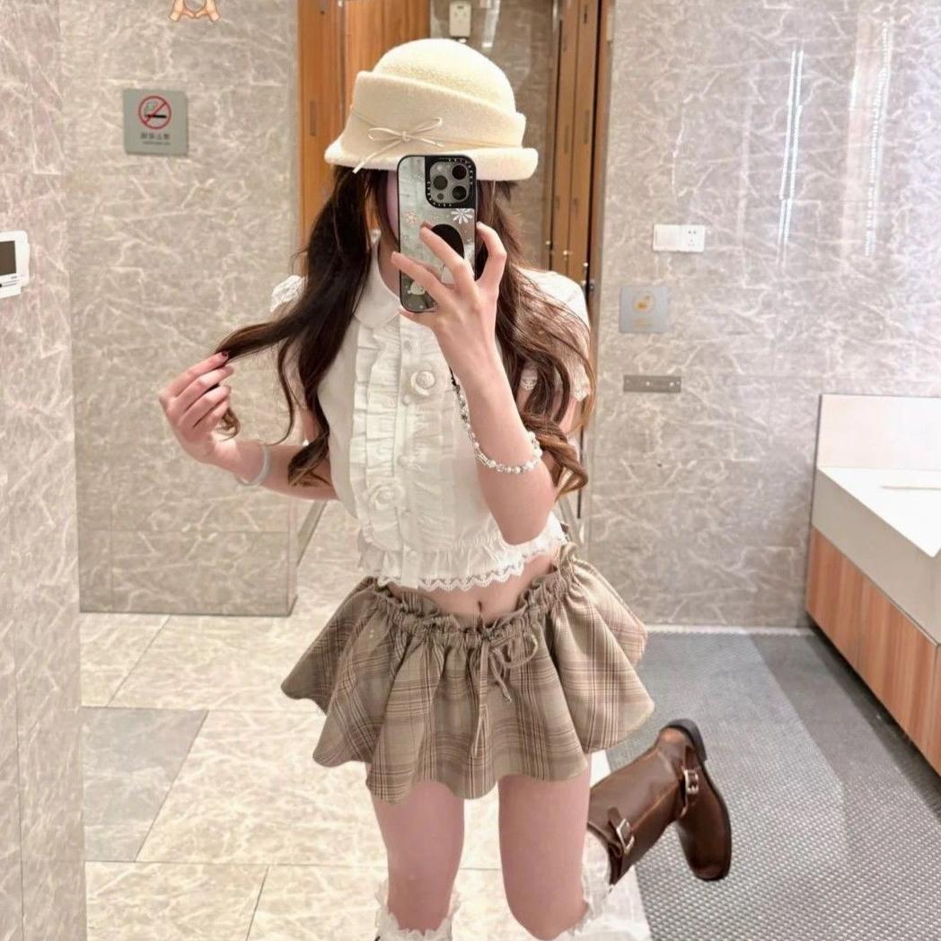 Sweet Girls Summer Floral Lapel Defined-Waist Short-Sleeve Shirt-Dress And Pants Set