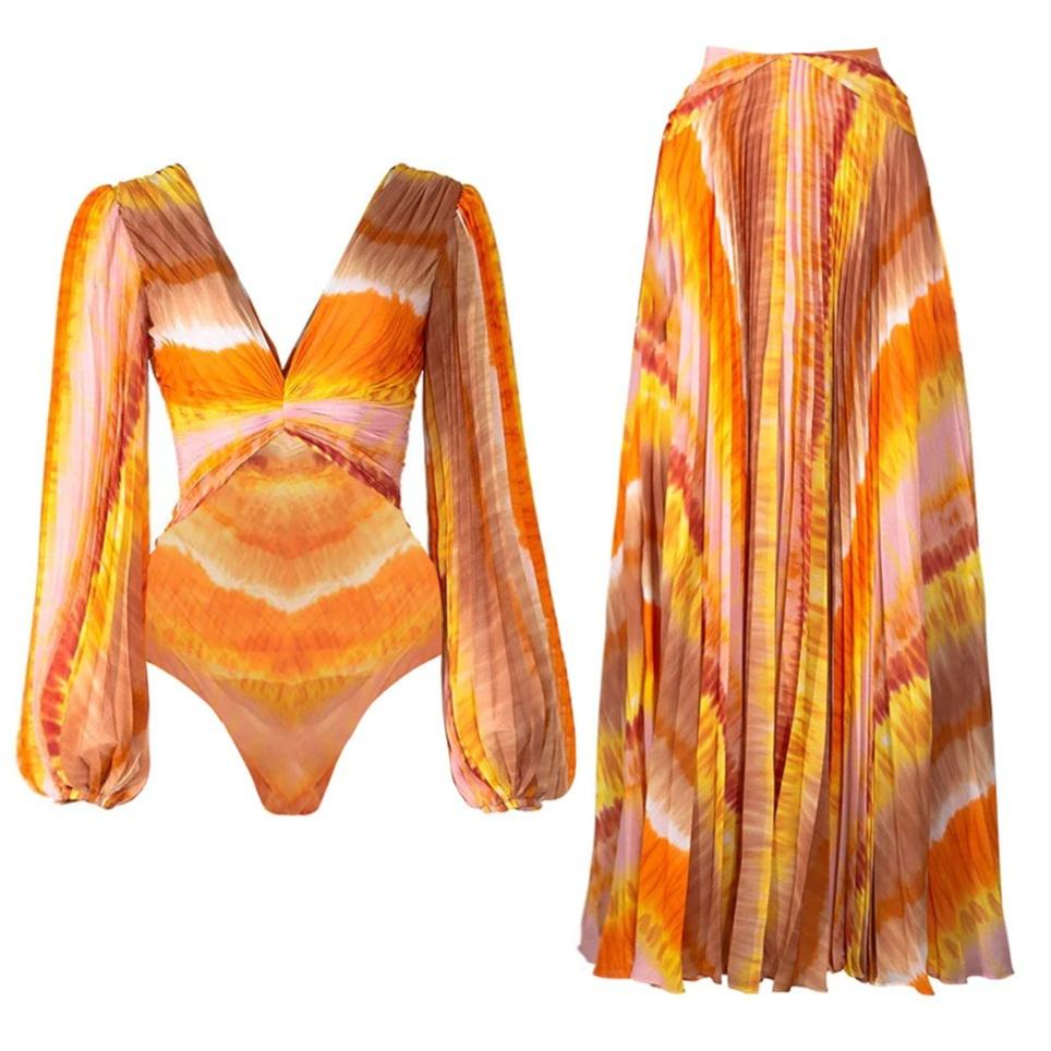 V-neck Long-sleeve One-piece Swimsuit For Women