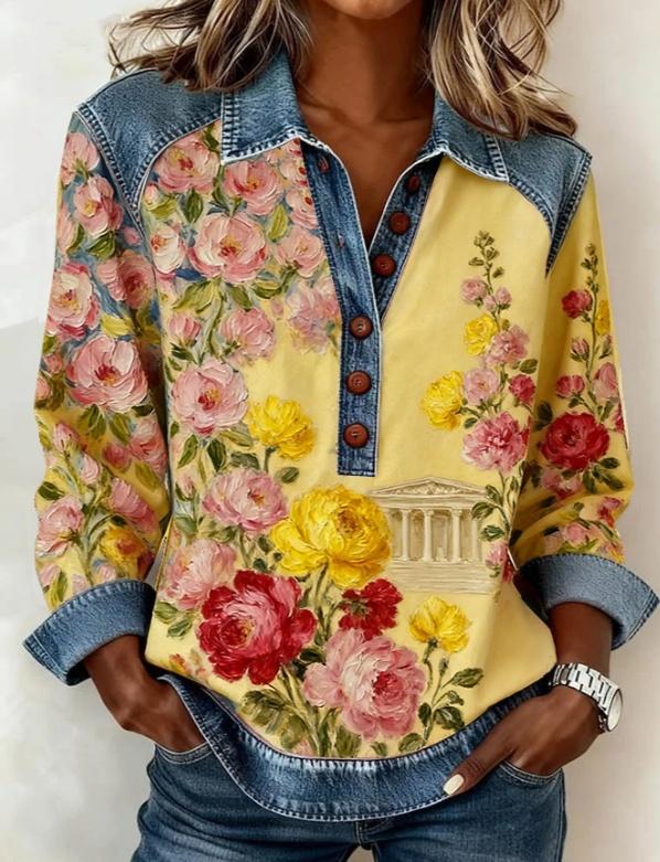 Denim Patchwork Collar Button-down Casual Long-sleeved Top