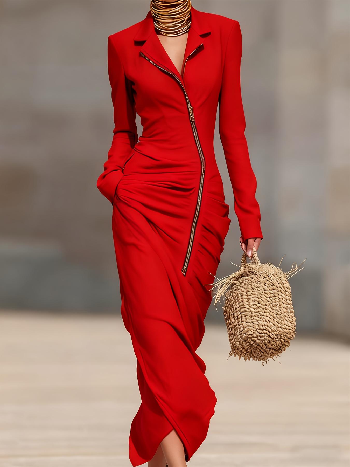 Zippered Pleated Casual Long-sleeved Dress