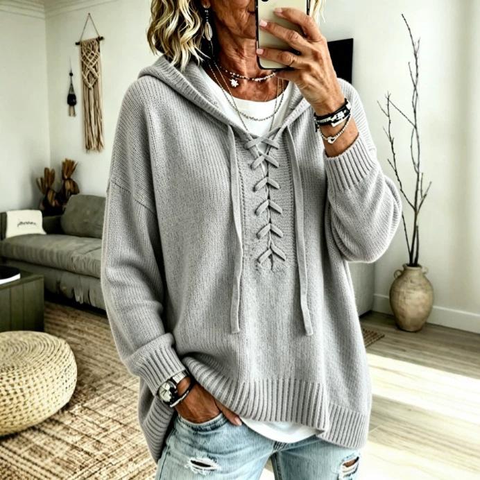 Strap-crossed V-neck Hooded Knit Sweater