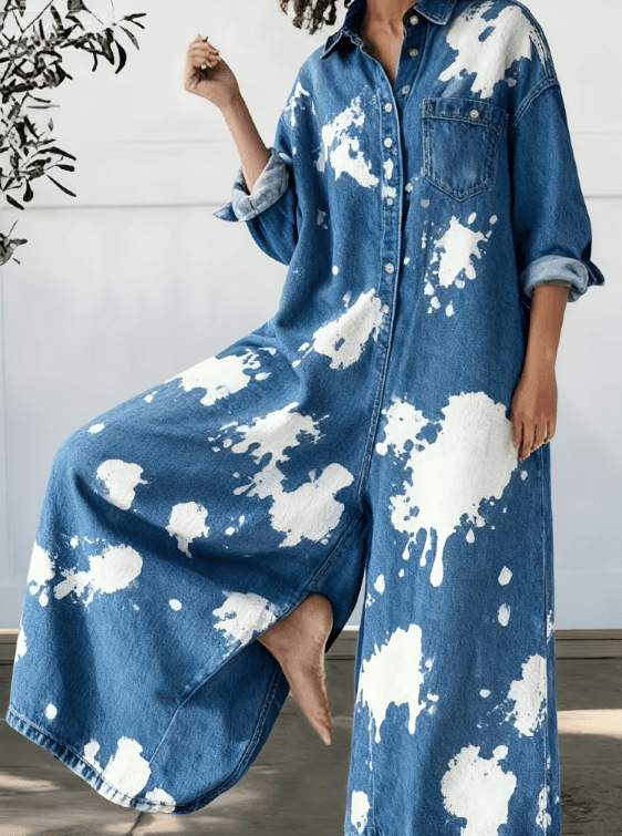 Loose-fitting Long-sleeved Casual Jumpsuit With Patchwork Design