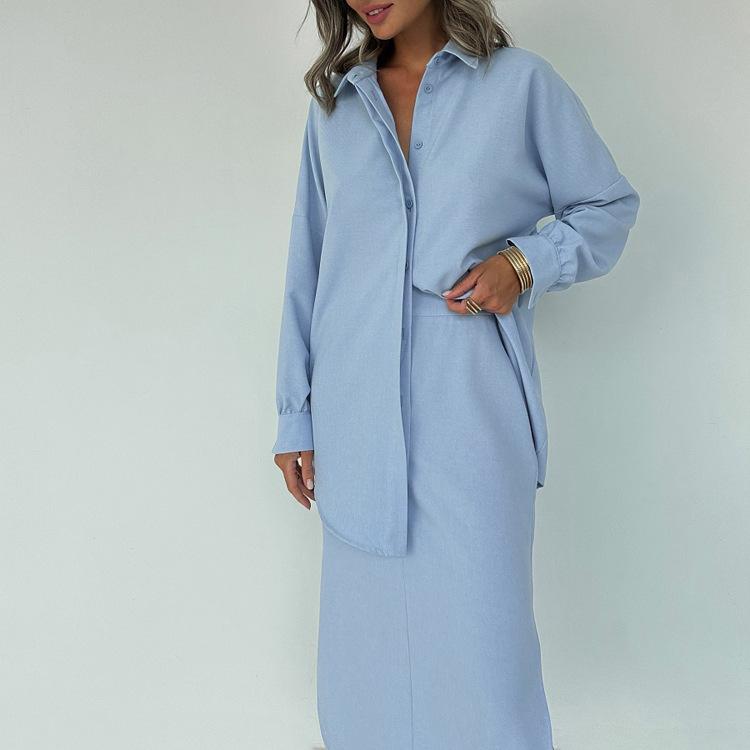 Cotton Lapel Long Sleeve Cardigan Top Split Skirt Commuting Suit