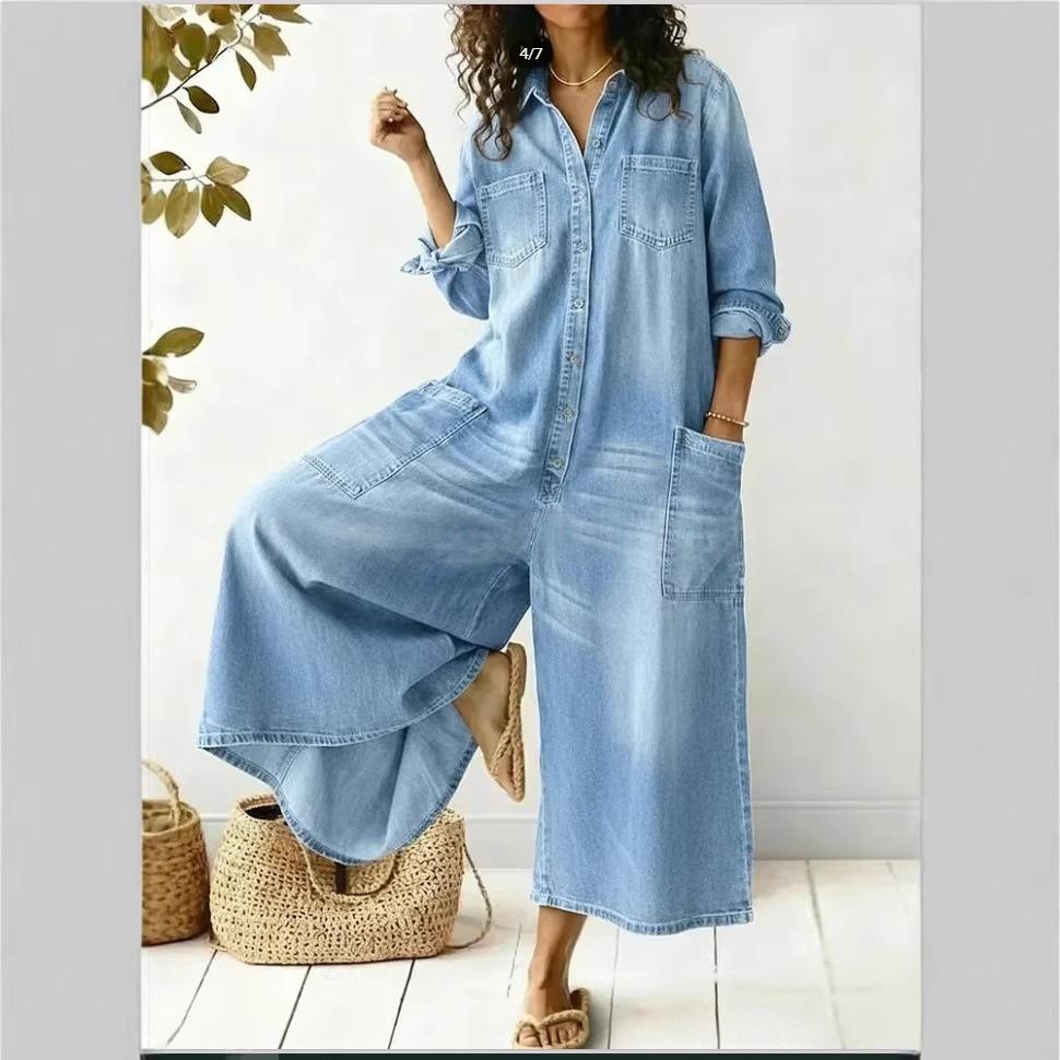 Women's Casual Denim Jumpsuit With Front Pockets