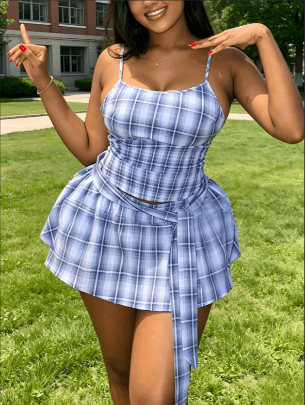 Blue Plaid Spaghetti Strap Ruched Crop Top Tie Waist Ruffled Mini Skort 2 Piece Outfit Set