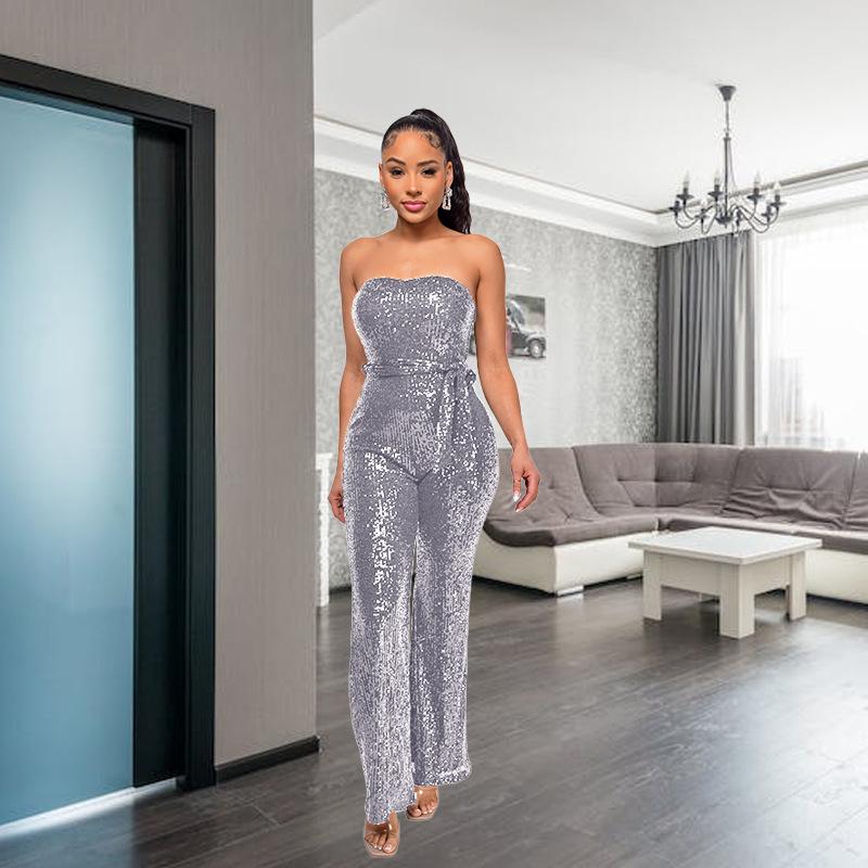 Solid-color Womens Tube Top Backless Jumpsuit