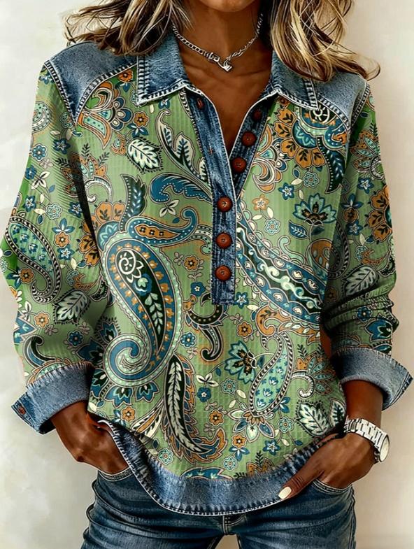Denim Patchwork Collar Button-down Casual Long-sleeved Top