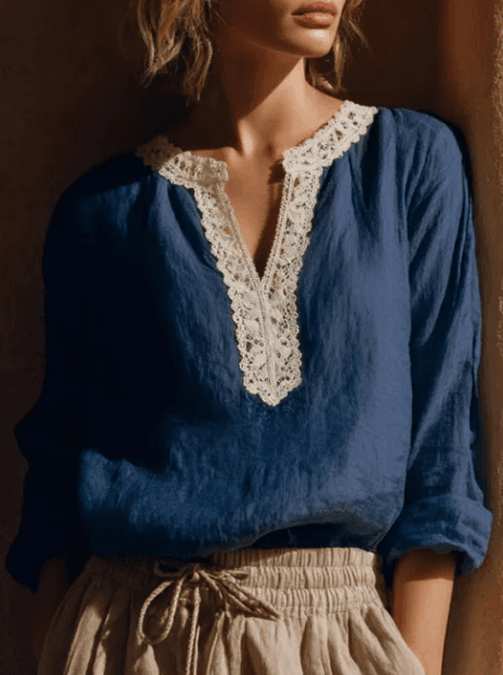 Women's Lace Trim V-Neck Long Sleeve Blouse