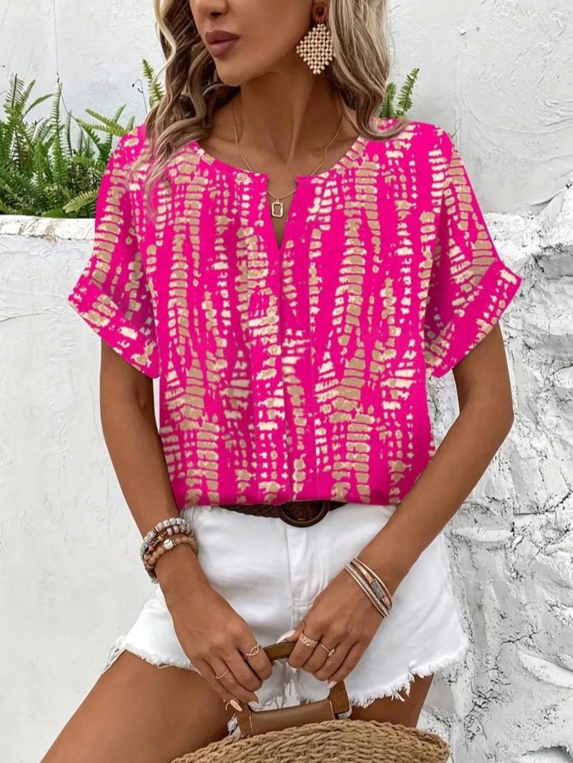 Women's V-Neck Loose Fit Printed Short Sleeve Shirt - Casual European American Style Top